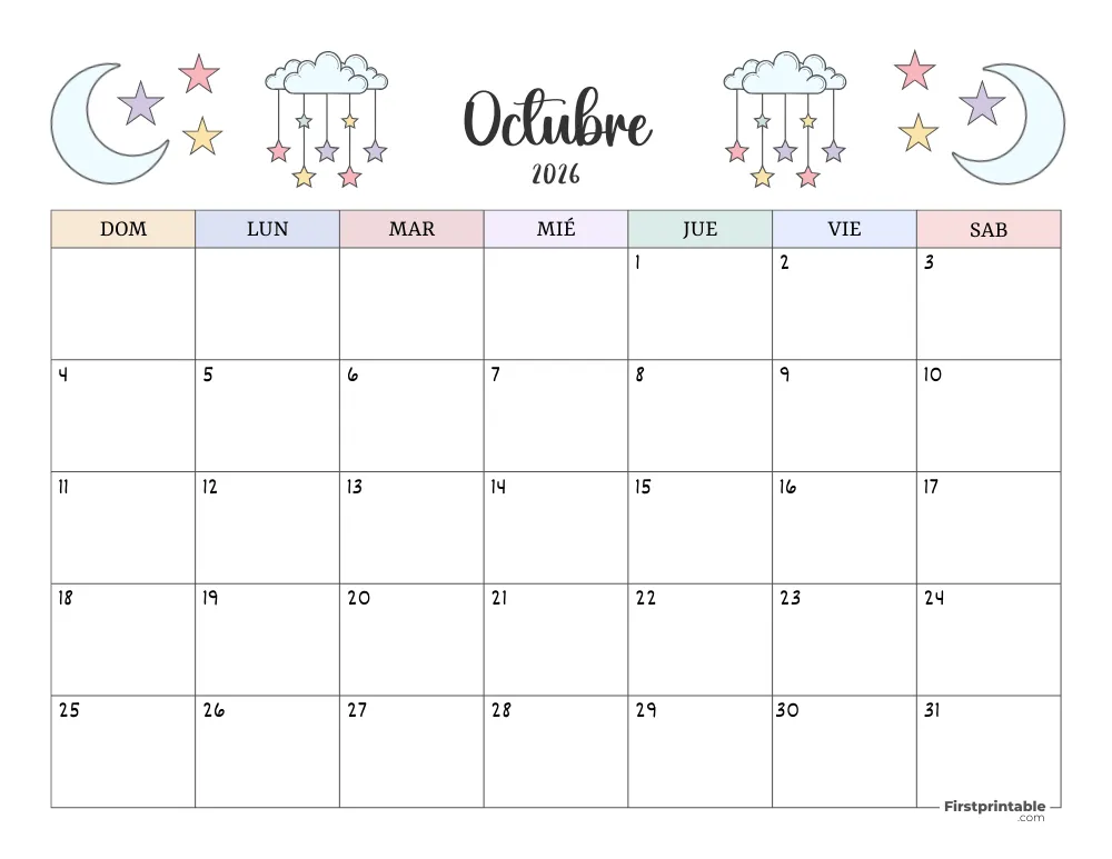 Calendario para imprimir octubre 2026