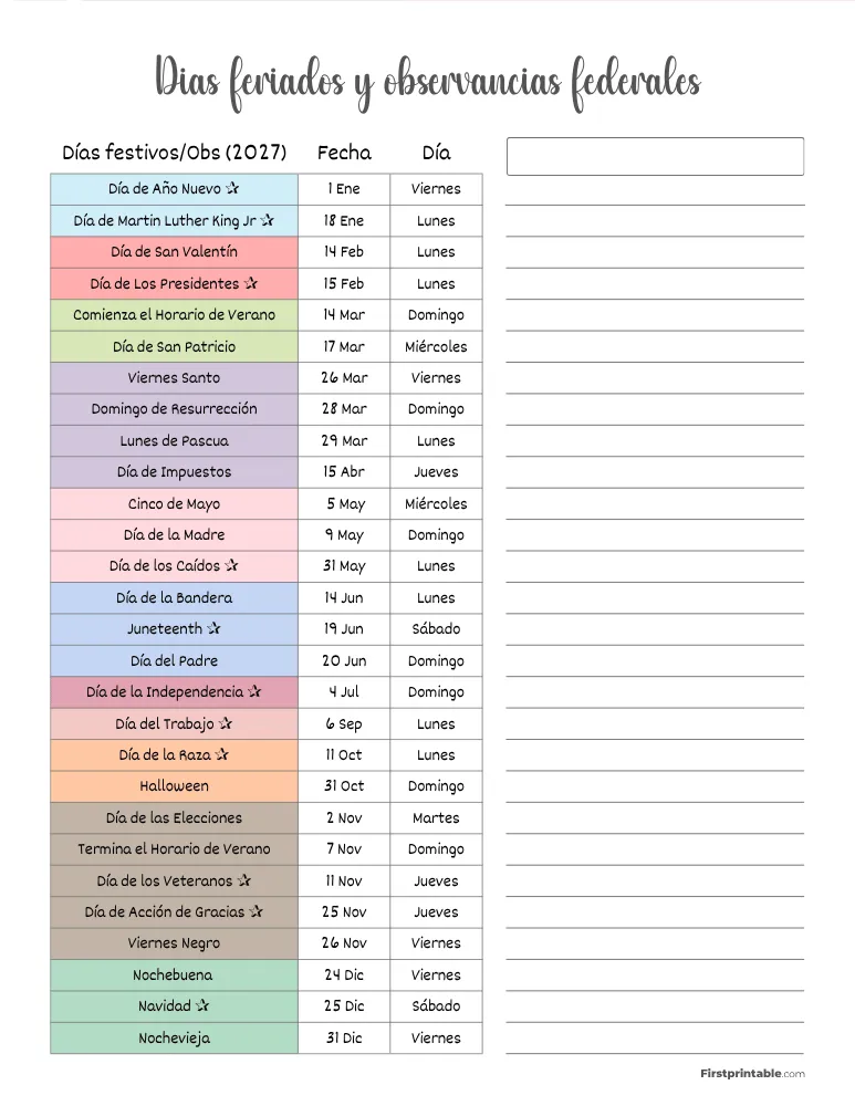 Lista completa de días festivos en EE. UU. 2027 plantilla 01