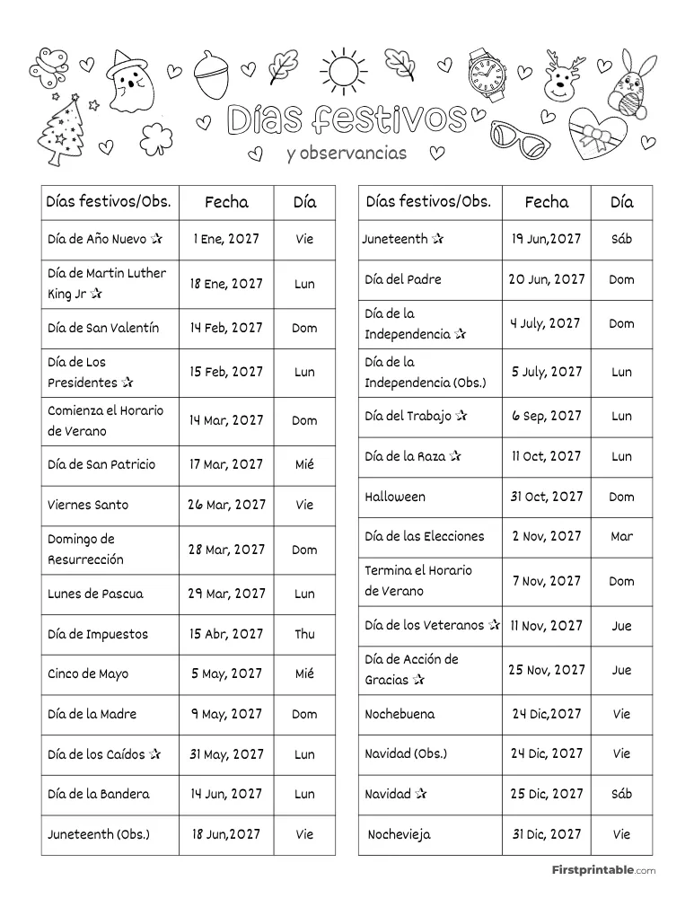 Lista completa de días festivos en EE. UU. 2027 plantilla 02