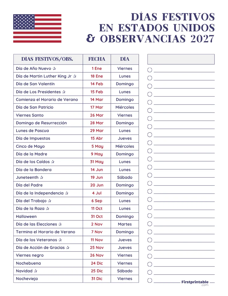 Lista completa de días festivos en EE. UU. 2027 plantilla 03