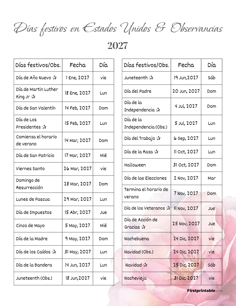 Lista completa de días festivos en EE. UU. 2027 plantilla 04