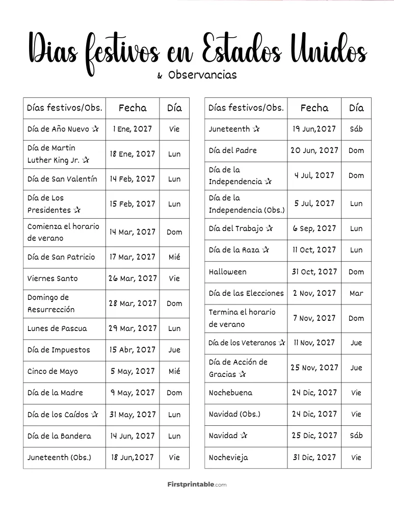 Lista completa de días festivos en EE. UU. 2027 plantilla 05