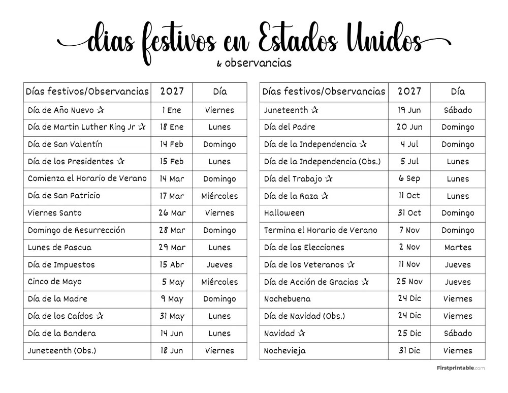 Lista completa de días festivos en EE. UU. 2027 plantilla 06
