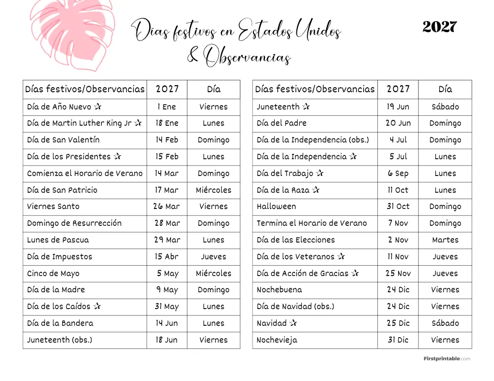 Lista completa de días festivos en EE. UU. 2027 plantilla 07