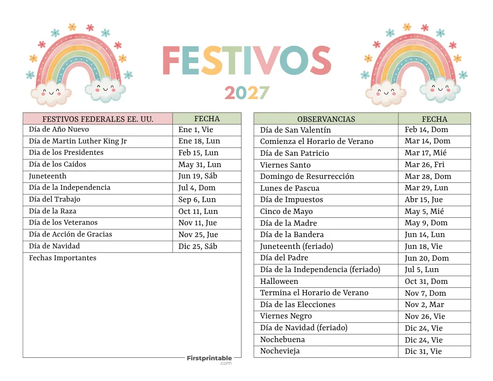 Lista completa de días festivos en EE. UU. 2027 plantilla 08