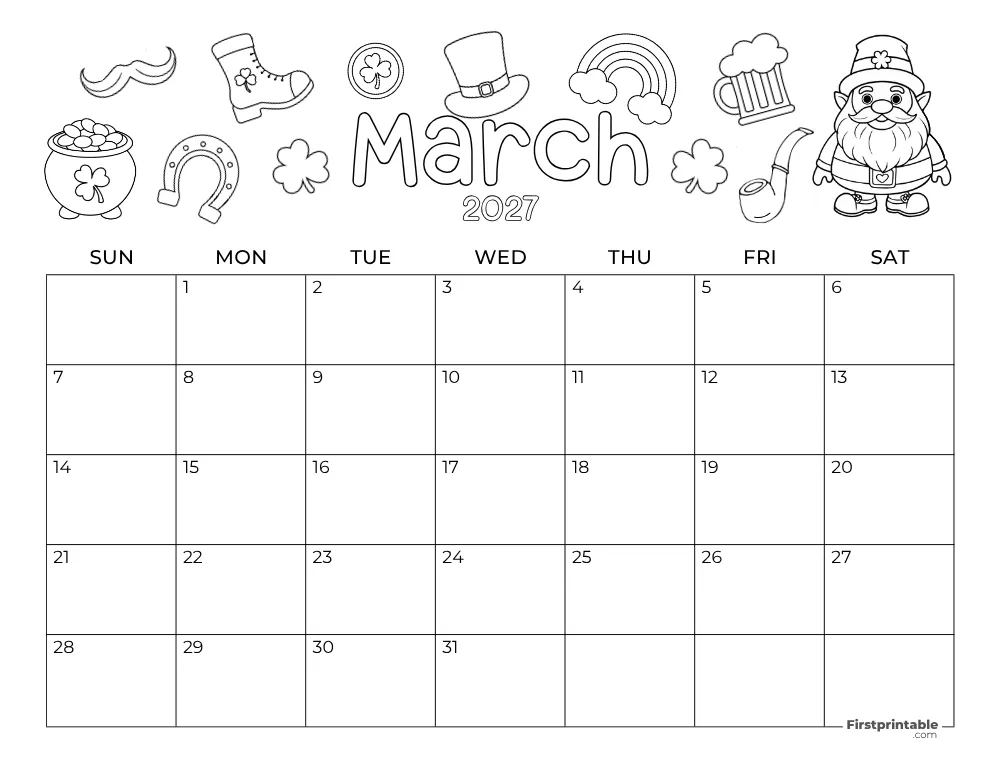 March 2027 Calendar St. Patrick's Day Themed
