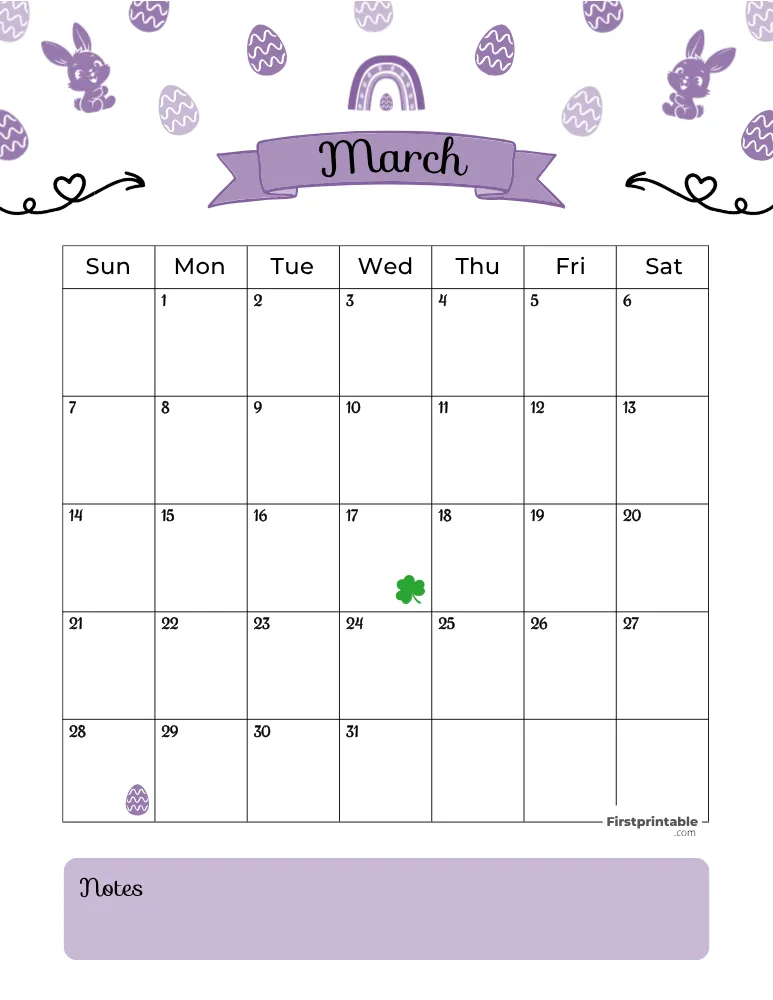 March Calendar 2027 Easter Template 01