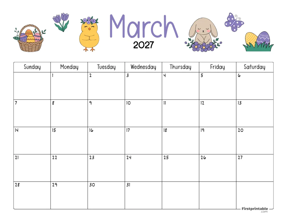 March Calendar 2027 Easter Themed 04