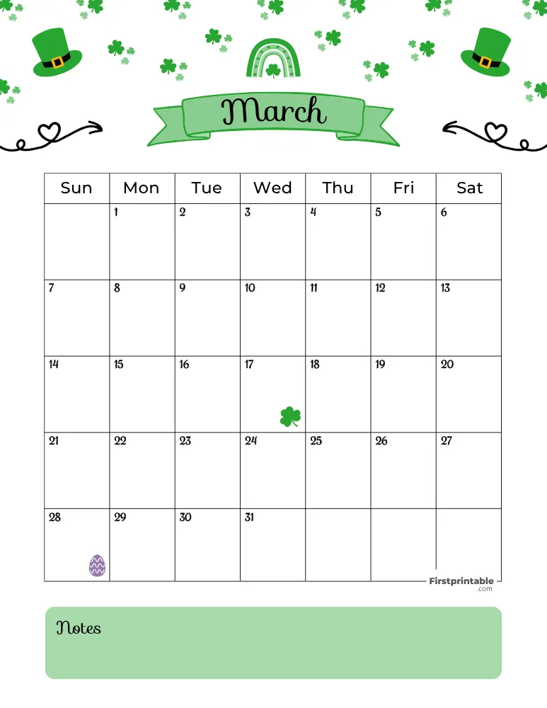 March Calendar 2027 St Patrick's Day Template 01