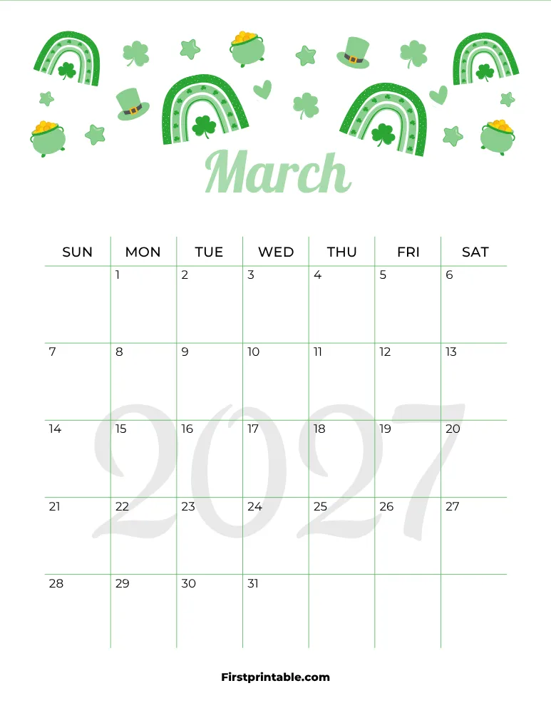 March Calendar 2027 St Patrick's Day Template 06