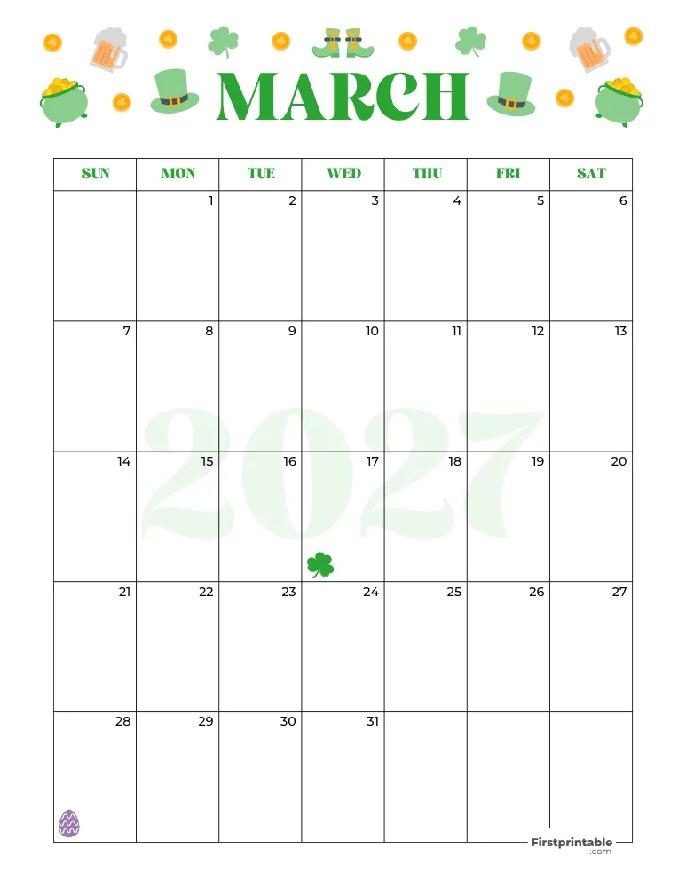 March Calendar 2027 St Patrick's Day Template 07