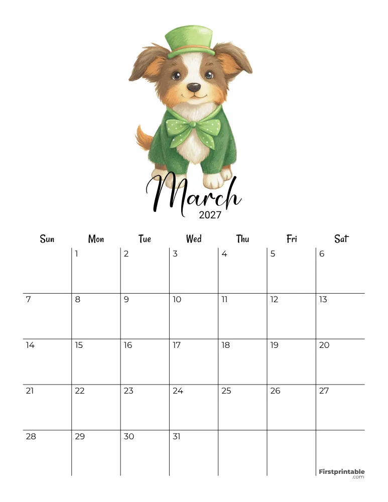March Calendar 2027 St Patrick's Day Themed Template 08