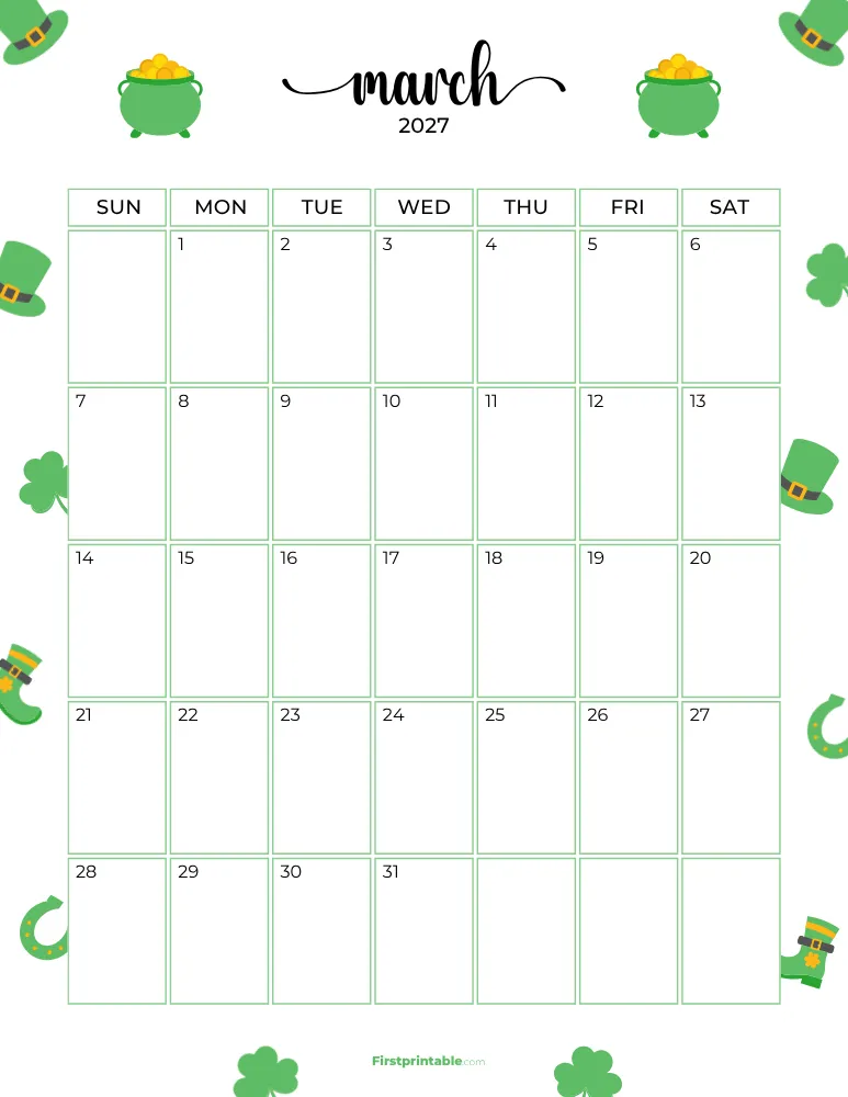 March Calendar 2027 St Patrick's Day Themed Template 09