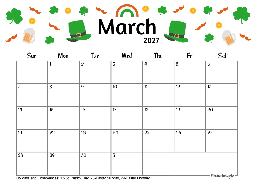 March Calendar 2027 - St. Patrick's Day