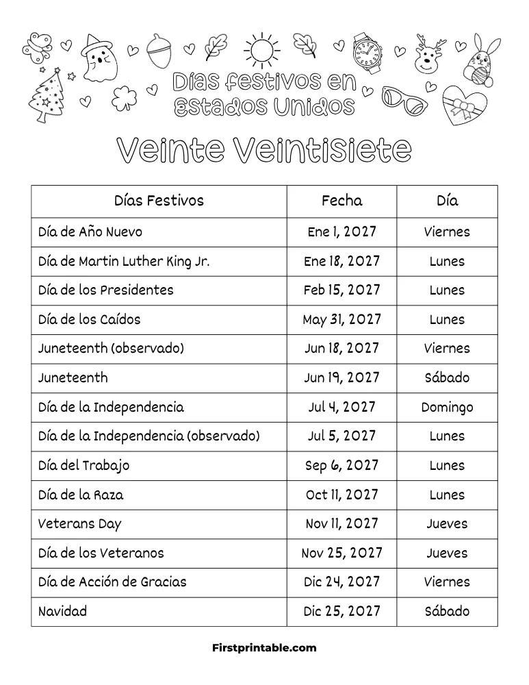 Plantilla de Días Festivos 2027 en Estados Unidos 02