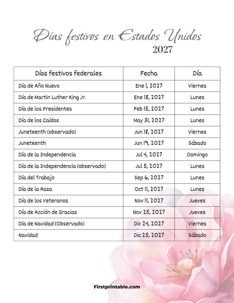 Plantilla de Días Festivos 2027 en Estados Unidos 04