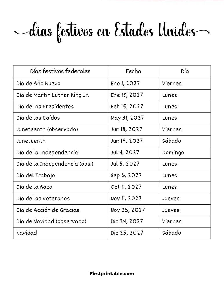 Plantilla de Días Festivos 2027 en Estados Unidos 05
