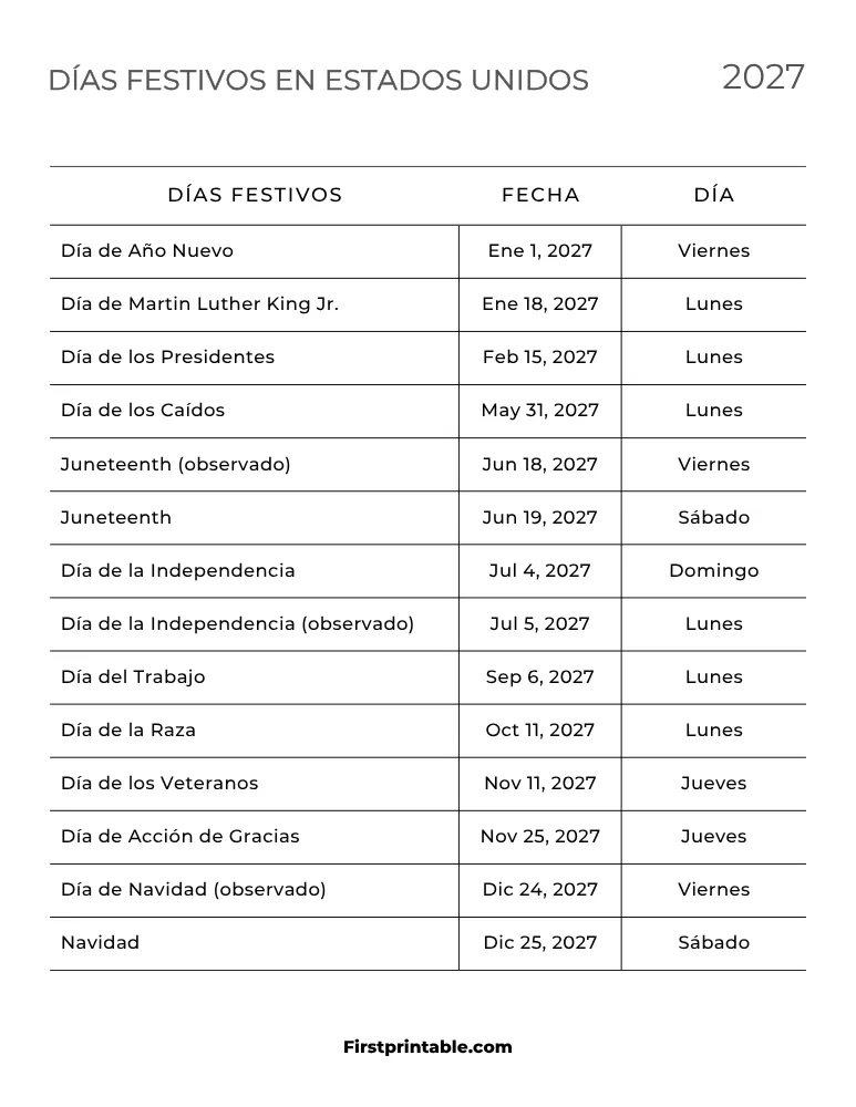 Plantilla de Días Festivos 2027 en Estados Unidos 06