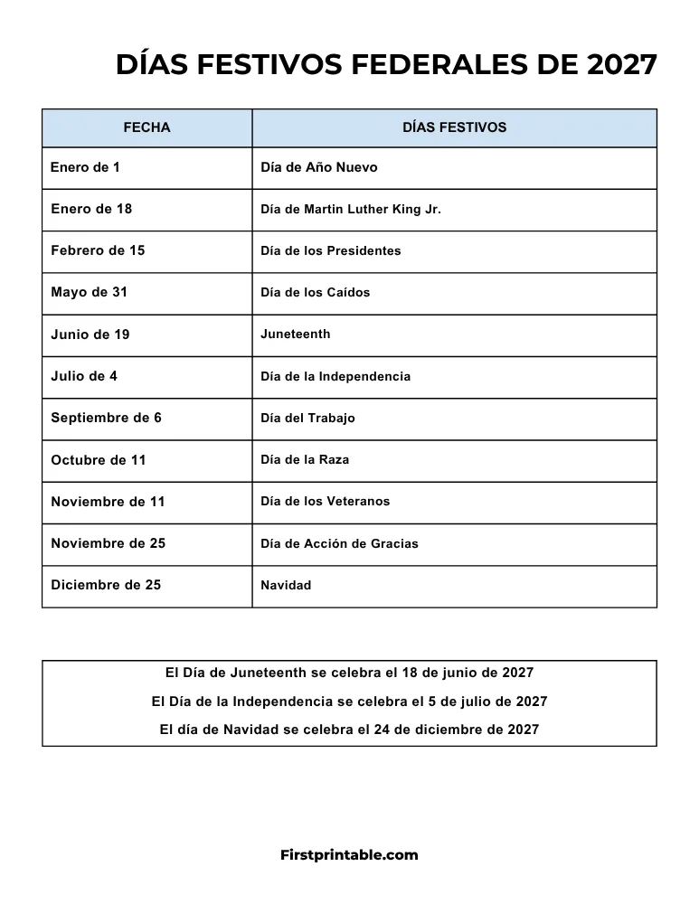Plantilla de Días Festivos 2027 en Estados Unidos 07