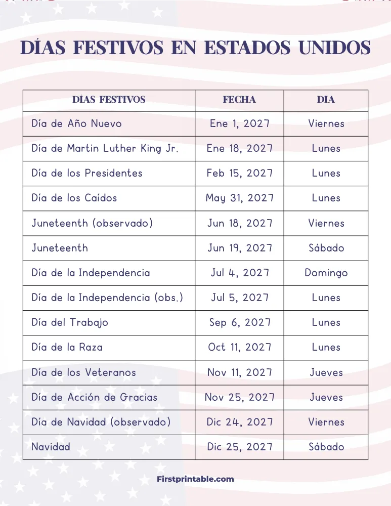 Plantilla de Días Festivos 2027 en Estados Unidos 09