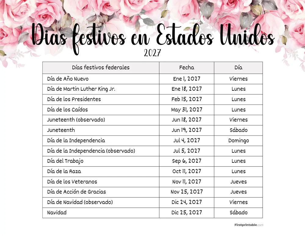 Plantilla de Días Festivos 2027 en Estados Unidos 12