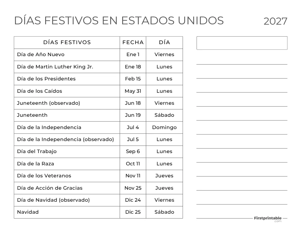 Plantilla de Días Festivos 2027 en Estados Unidos 13