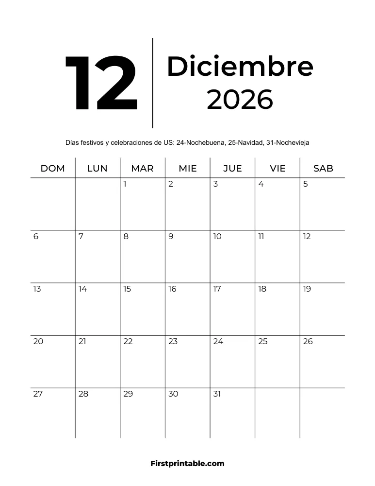 Plantilla de calendario imprimible de diciembre de 2026