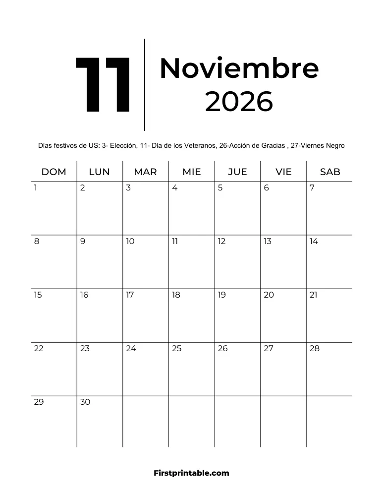 Plantilla de calendario imprimible de noviembre de 2026