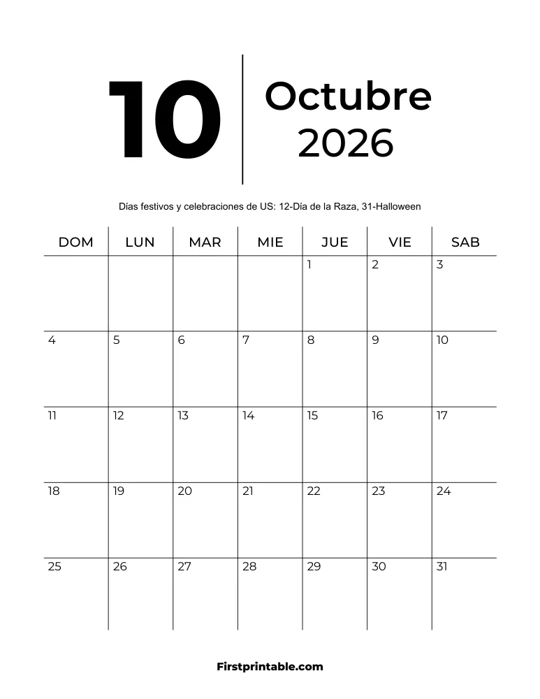 Plantilla de calendario imprimible de octubre de 2026