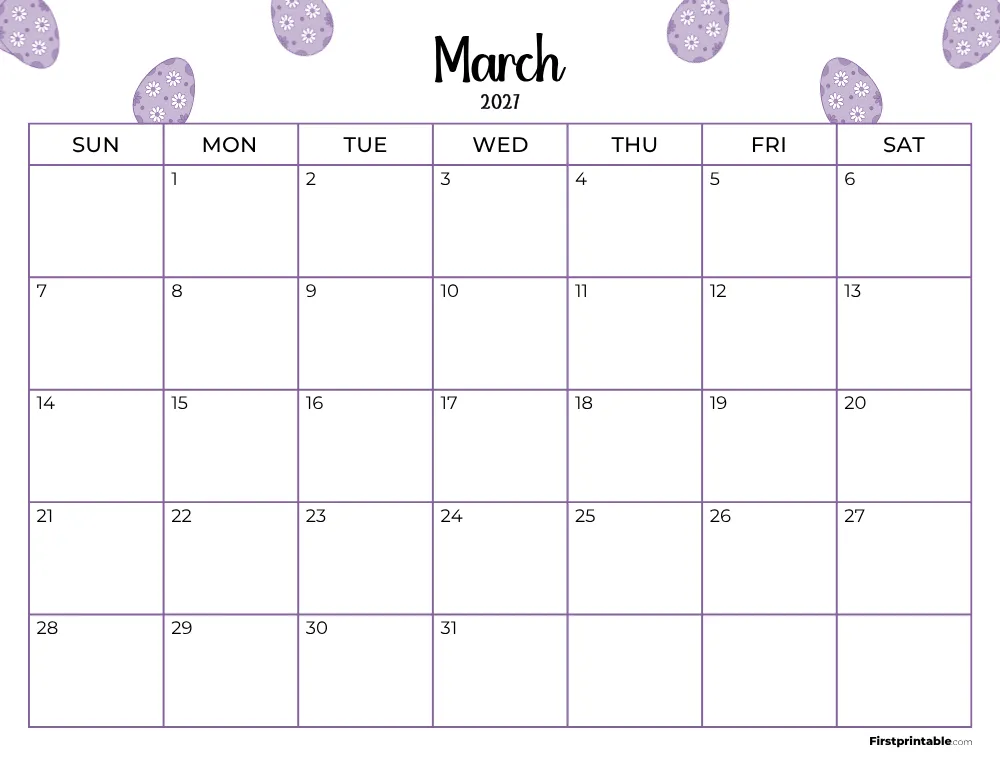 Printable March Calendar 2027 Easter Template 17