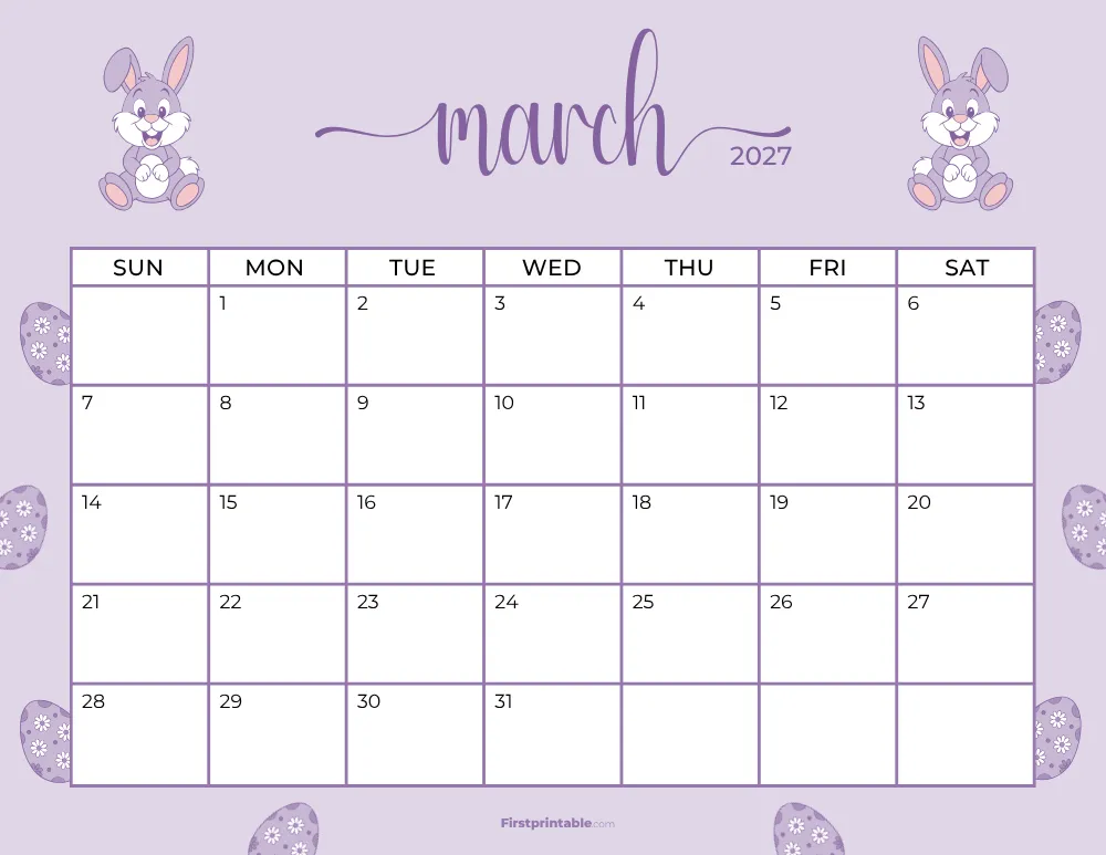 Printable March Calendar 2027 Easter Template 20