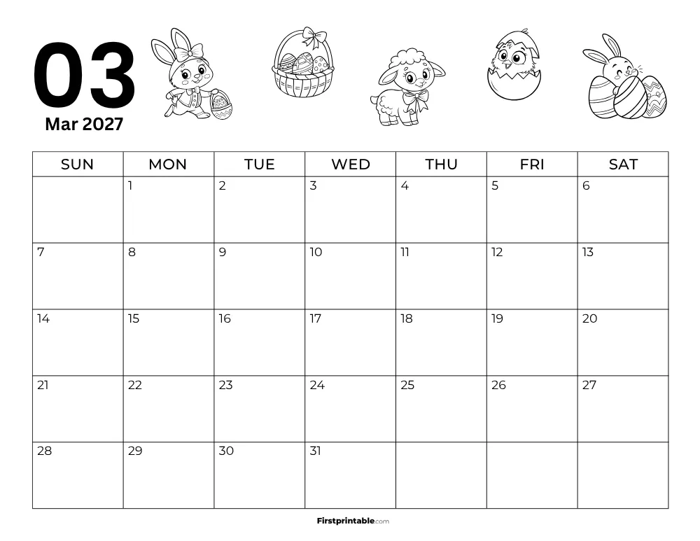 Printable March Calendar 2027 Easter Template 24
