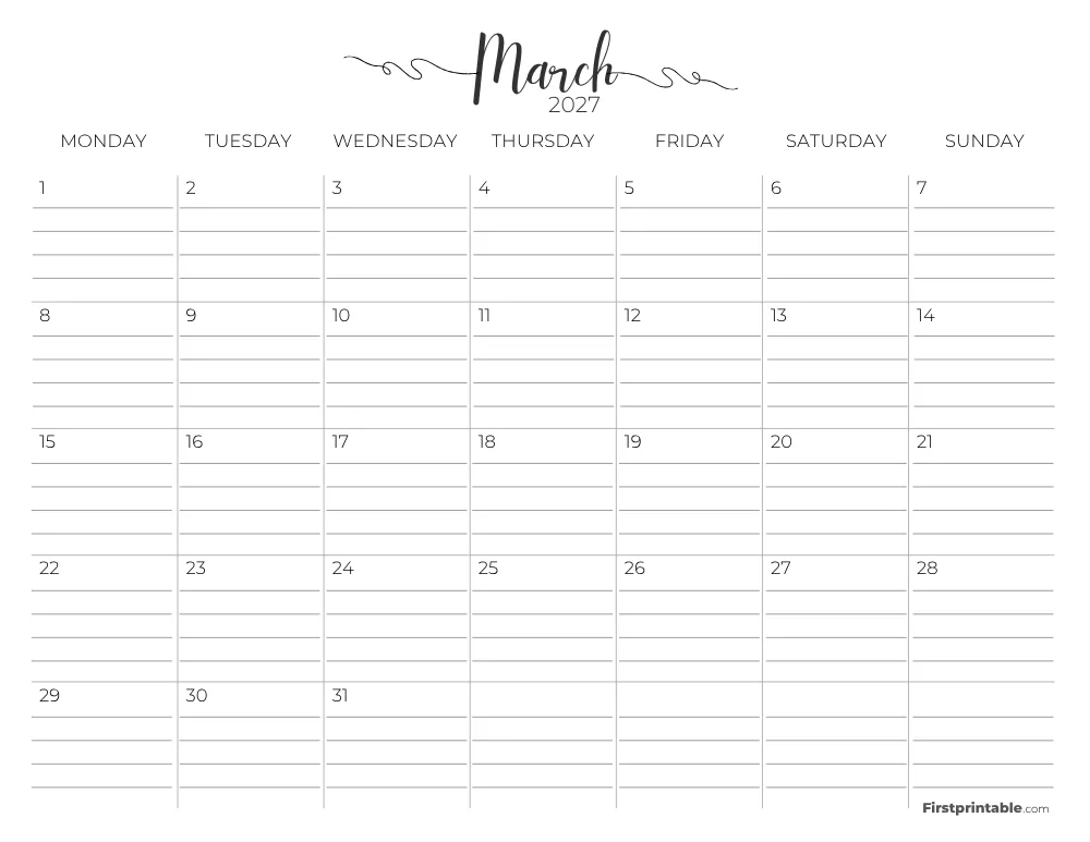 Printable March Calendar 2027 Monday Start Template 26