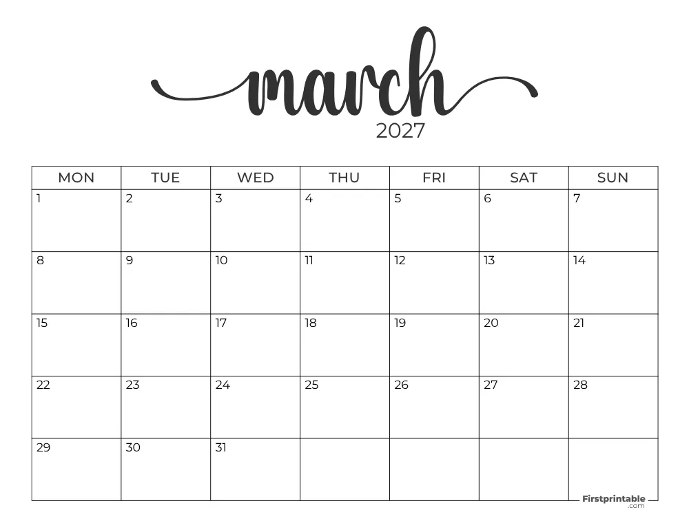 Printable March Calendar 2027 Monday Start Template 28