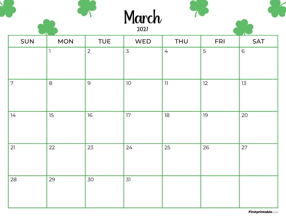 Printable March Calendar 2027 St Patrick's Day Template 17