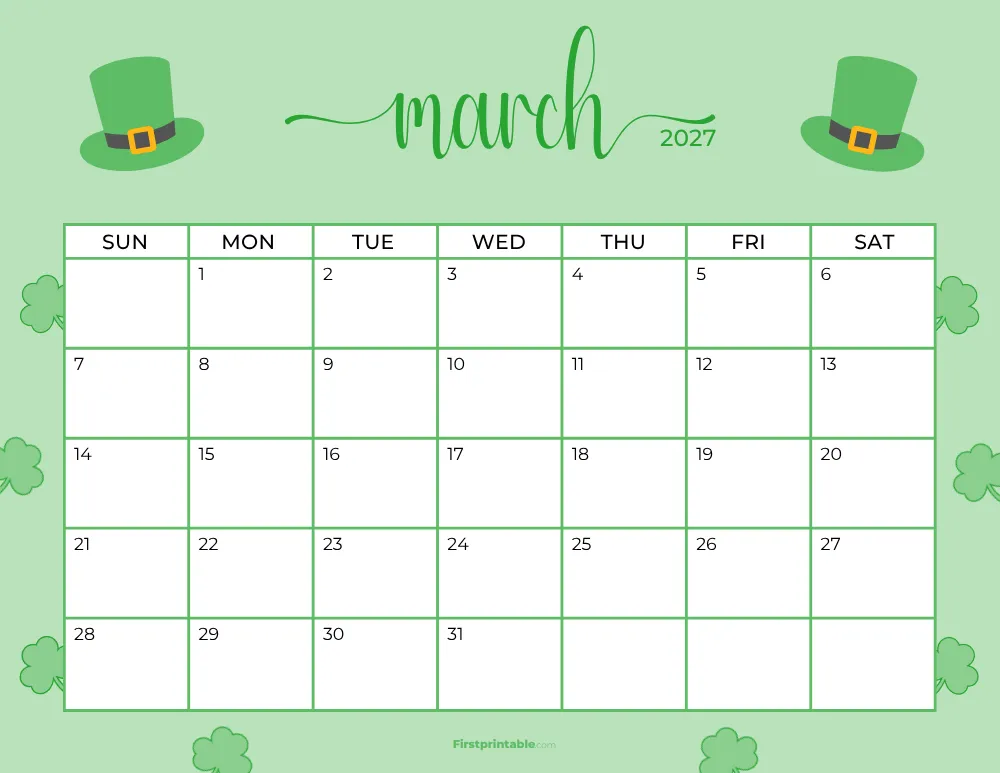 Printable March Calendar 2027 St Patrick's Day Template 20