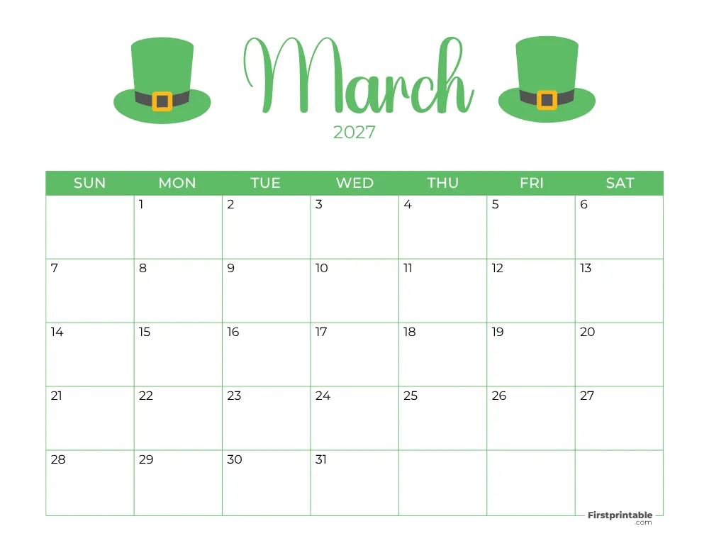 Printable March Calendar 2027 St Patrick's Day Template 22