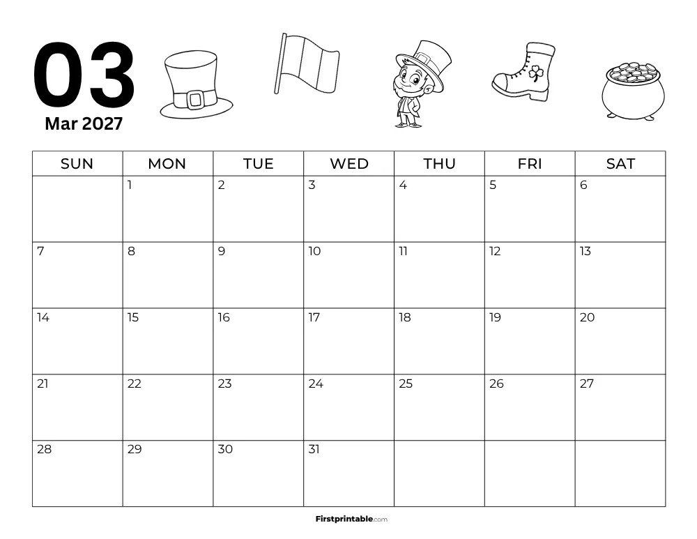 Printable March Calendar 2027 St Patrick's Day Template 24