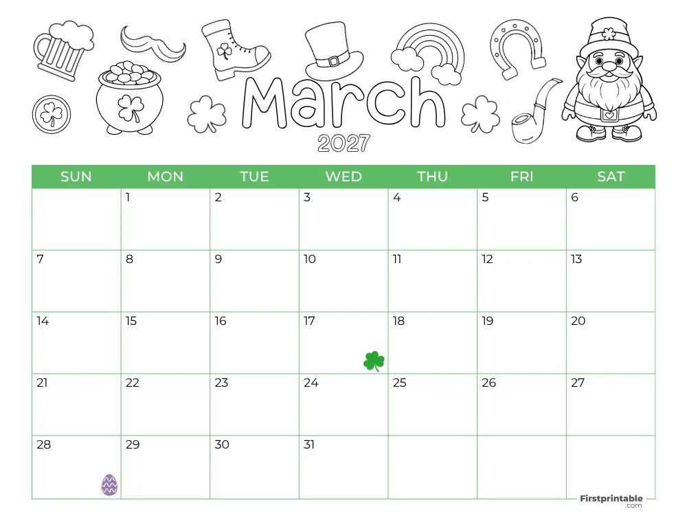 Printable March Calendar 2027 St Patrick's Day Template 25