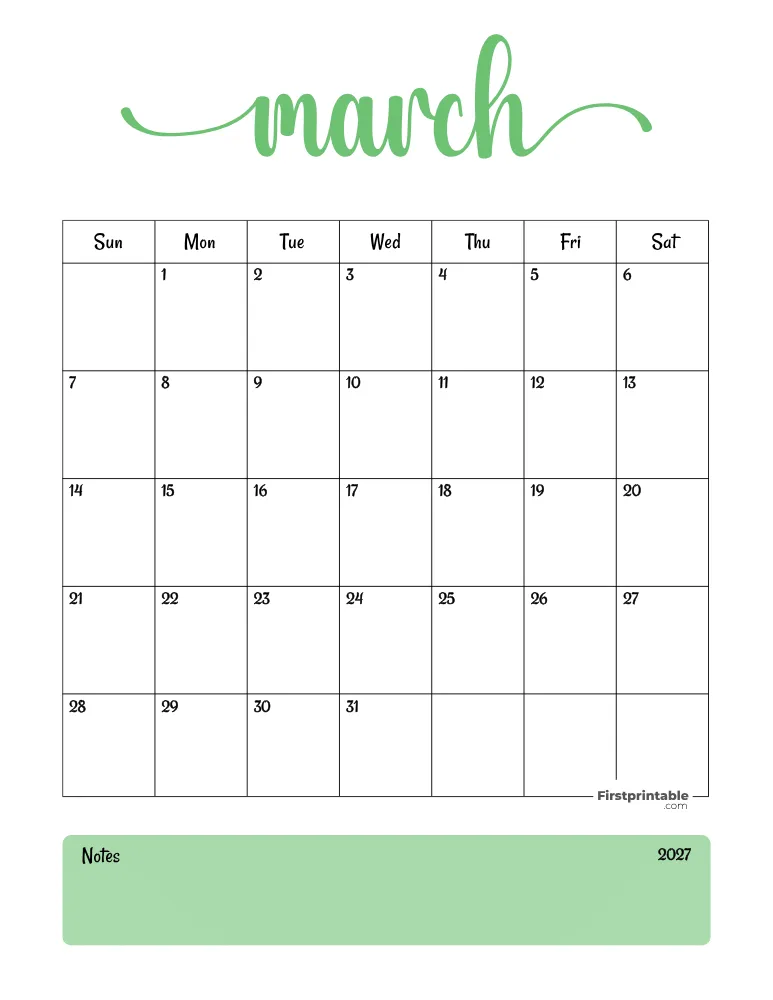 Printable March Calendar 2027 Template 04