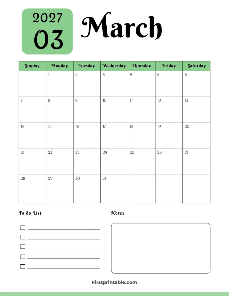 Printable March Calendar 2027 Template 05