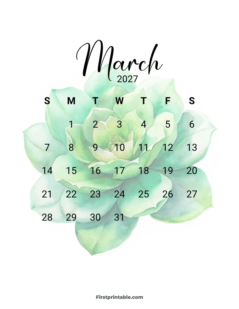 Printable March Calendar 2027 Template 12