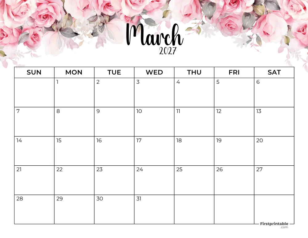 Printable March Calendar 2027 Template 13