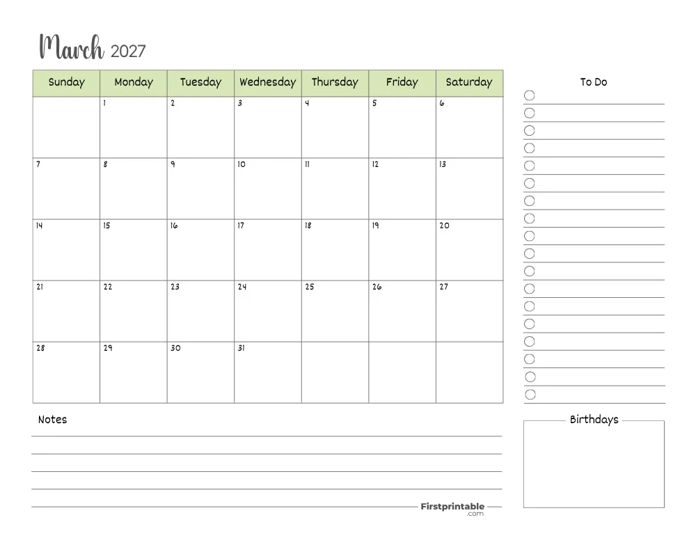 Printable March Calendar 2027 Template 15