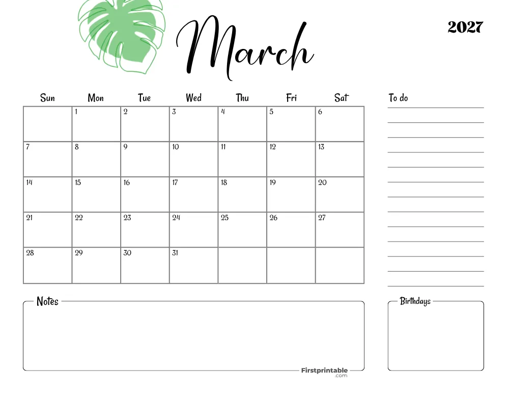 Printable March Calendar 2027 Template 18