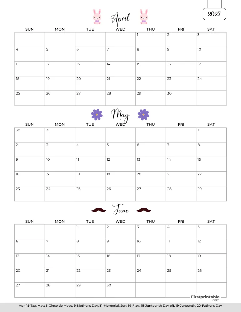 Printable Quarterly Calendar 2027 Q2 - Template 01