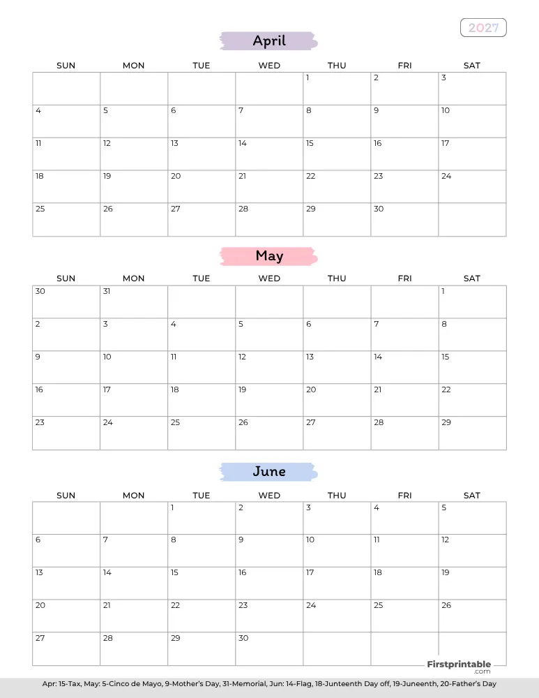 Printable Quarterly Calendar 2027 Q2 - Template 02