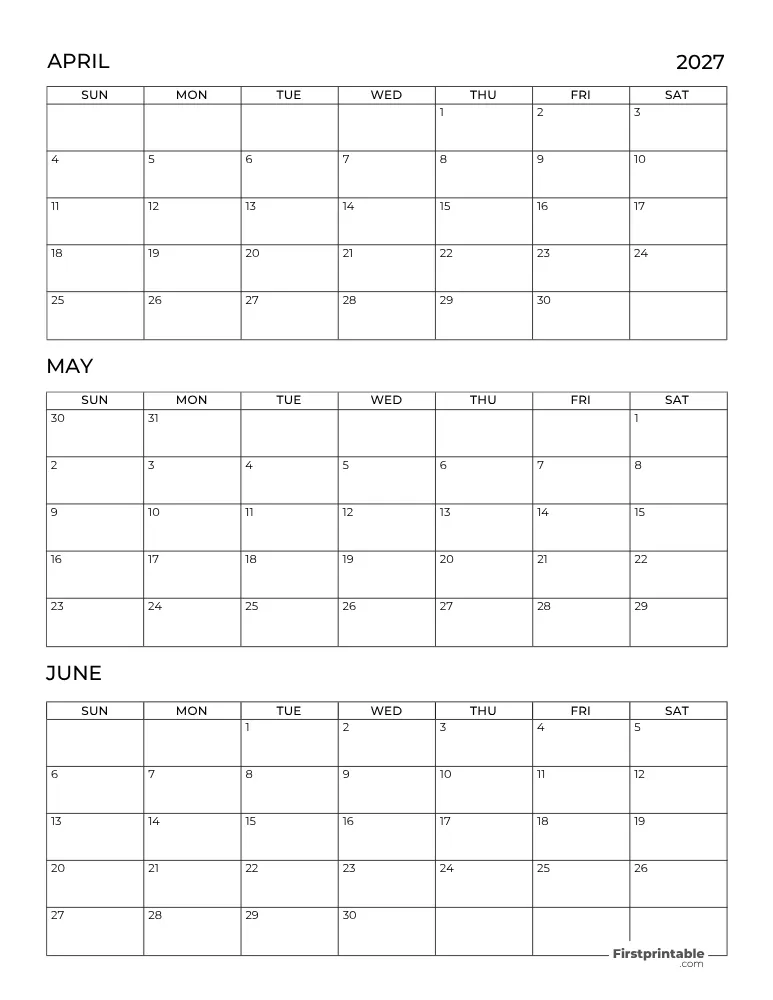 Printable Quarterly Calendar 2027 Q2 - Template 03