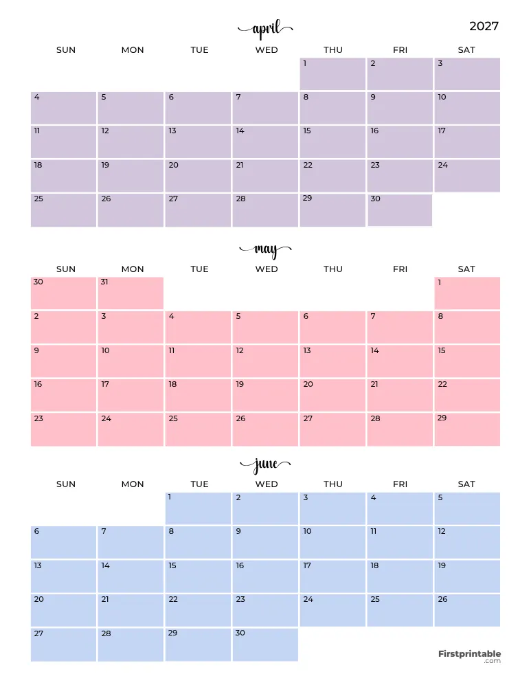 Printable Quarterly Calendar 2027 Q2 - Template 04