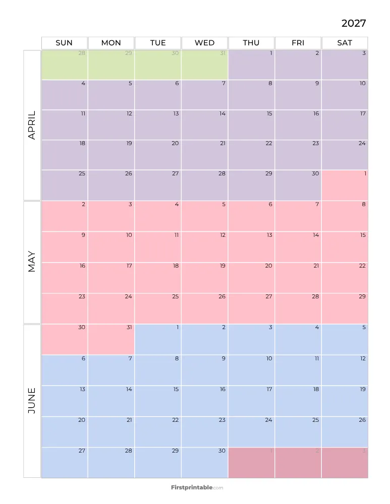 Printable Quarterly Calendar 2027 Q2 - Template 05